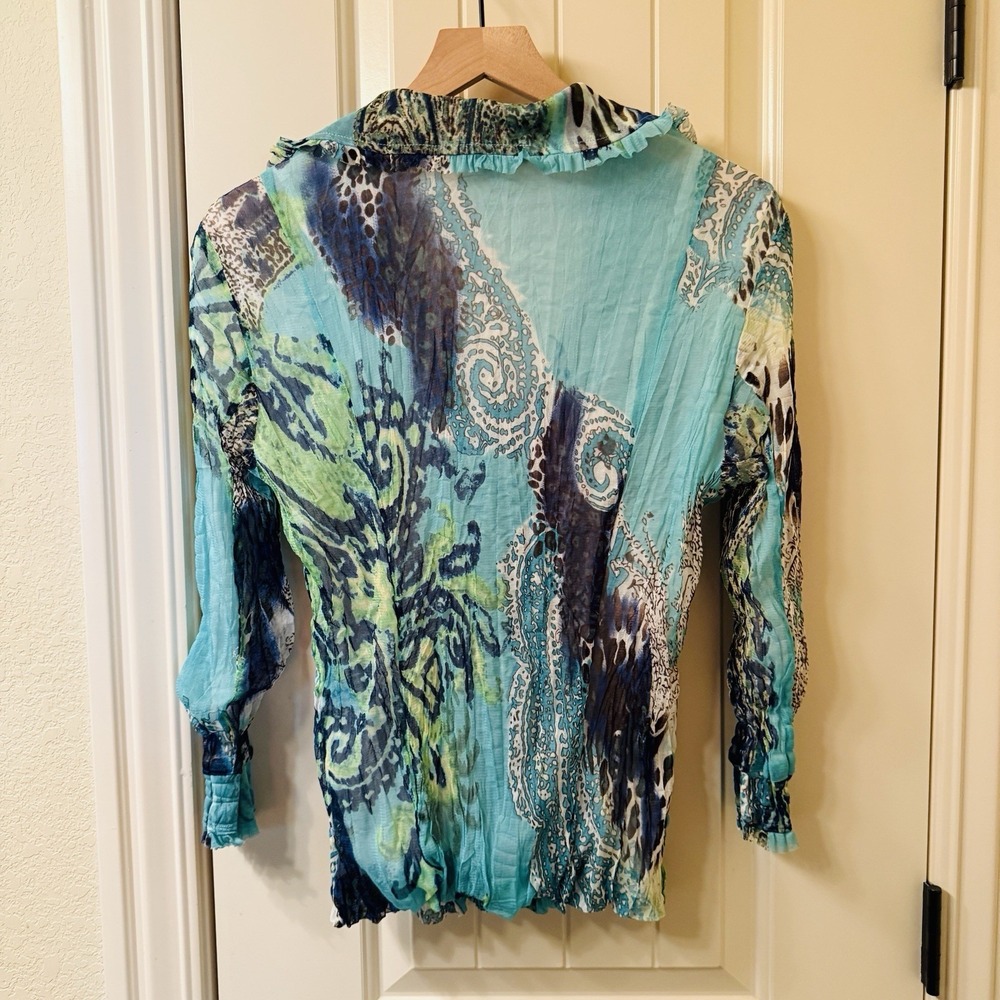 VTG Passion Concept Y2K Crinkle Mesh Jacket XL Blue Paisley Animal Art To Wear - Picture 2 of 8